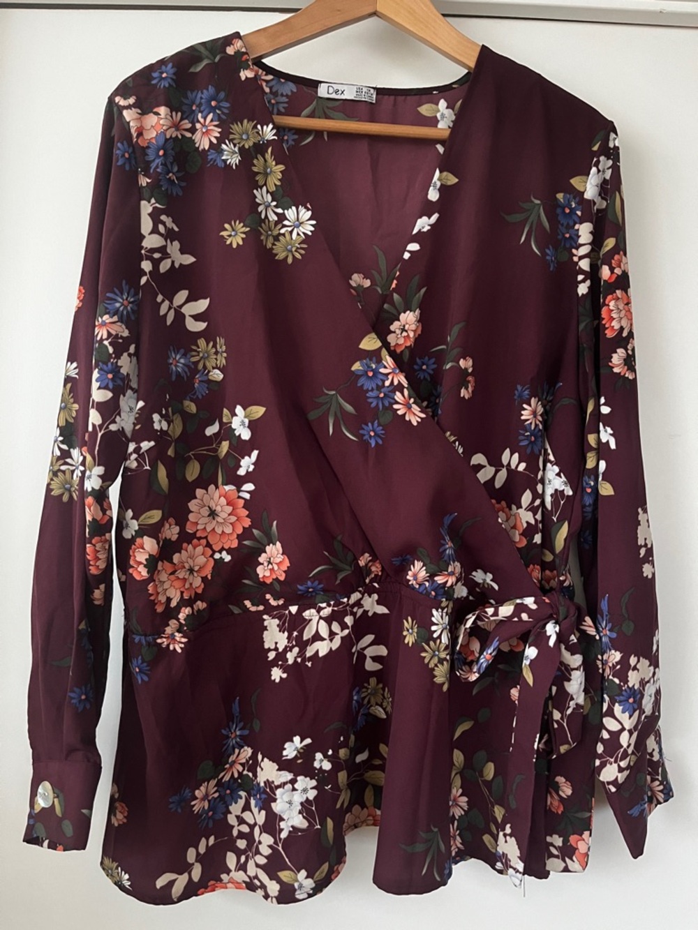 Dex Floral Wrap Blouse in Burgundy and Multicolor
